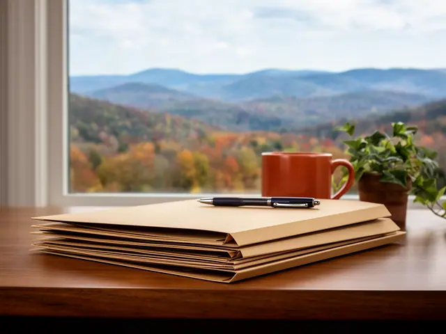 A neat stack of closed manila folders and a pen on a desk by a window.