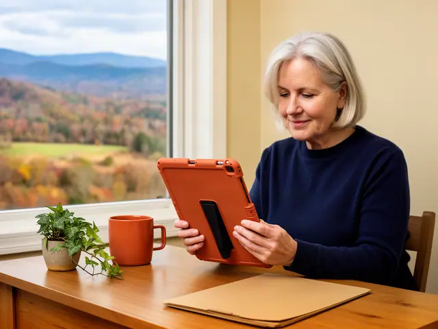A woman with short silver-blonde hair reviewing a tablet at a desk in a small back office.