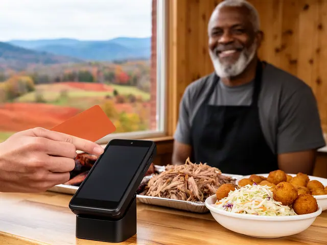 A customer taps a card on a counter terminal at a small barbecue takeout counter.