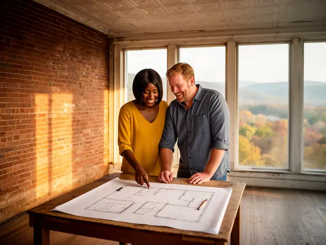 Two business partners looking over a pencil floor sketch in an empty storefront.