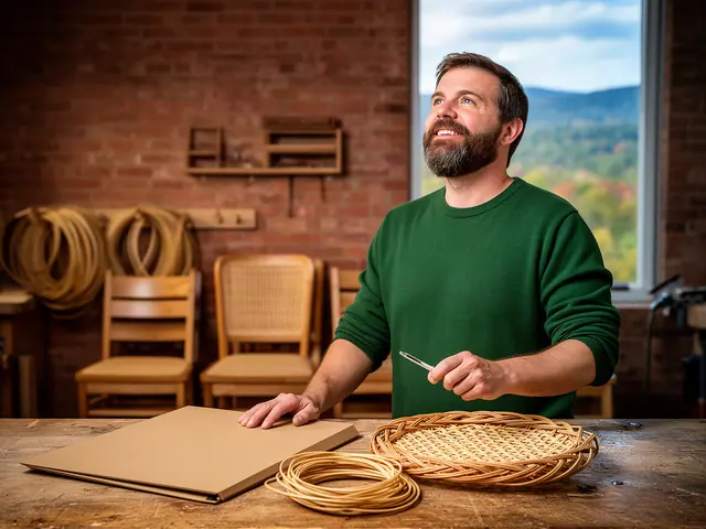 A man with short brown hair at a work table with a closed folder in a small hand-made furniture-and-chair caning shop.